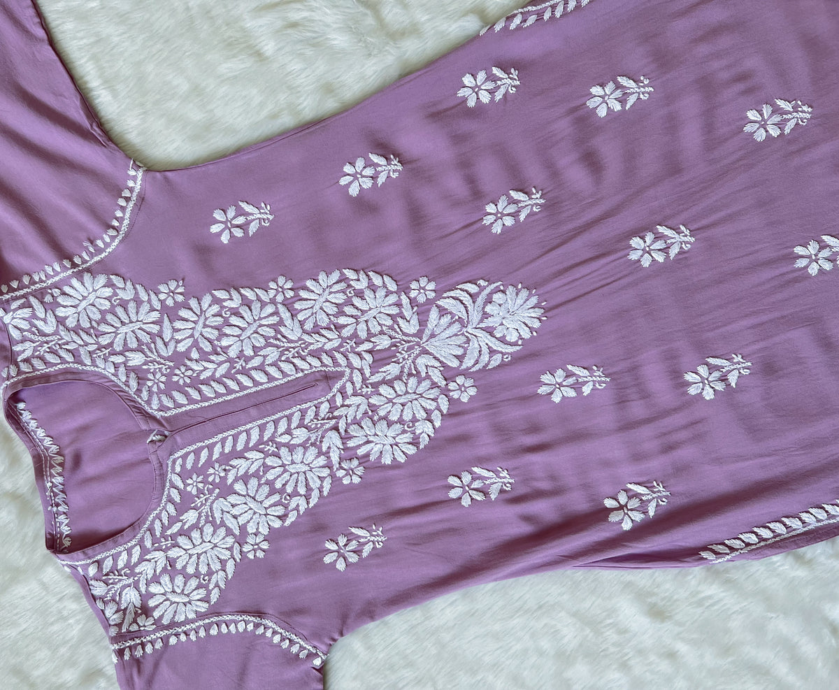 Zara Dusky Lilac Long Rayon Kurta with White Chikankari