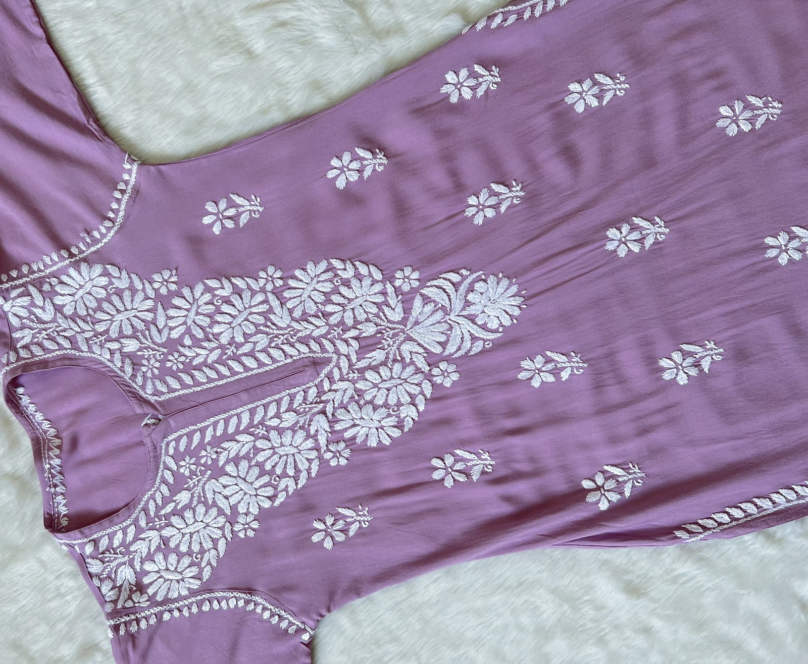 Zara Dusky Lilac Long Rayon Kurta with White Chikankari