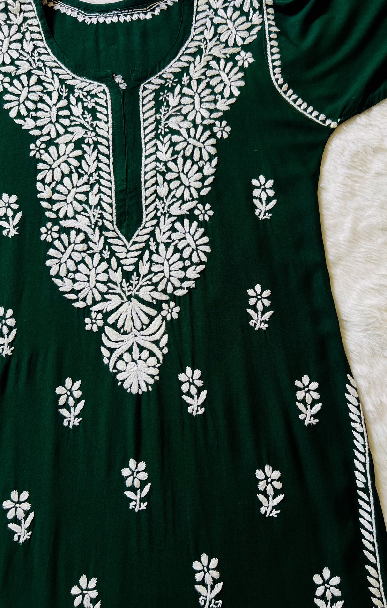 Zara Forest Green Long Rayon Kurta with White Chikankari