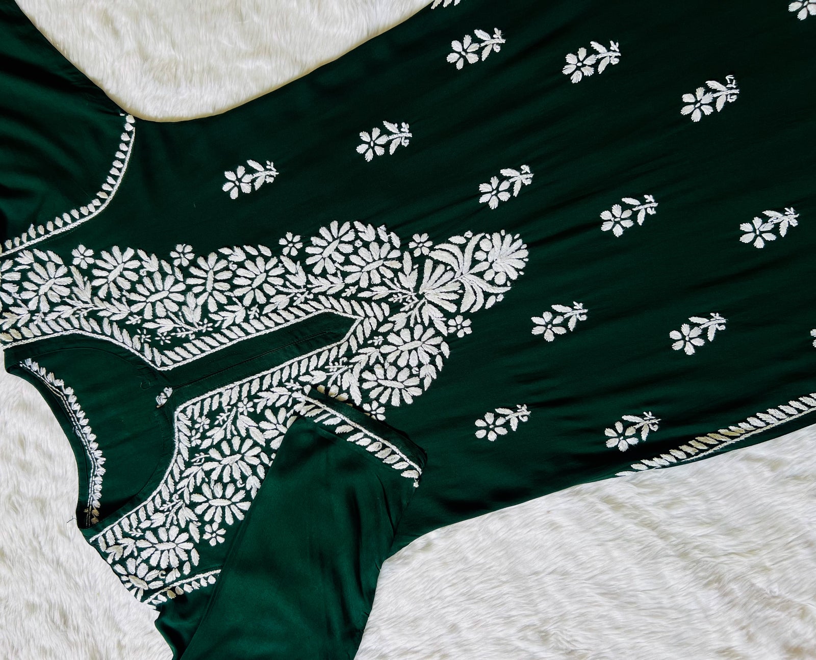 Zara Forest Green Long Rayon Kurta with White Chikankari