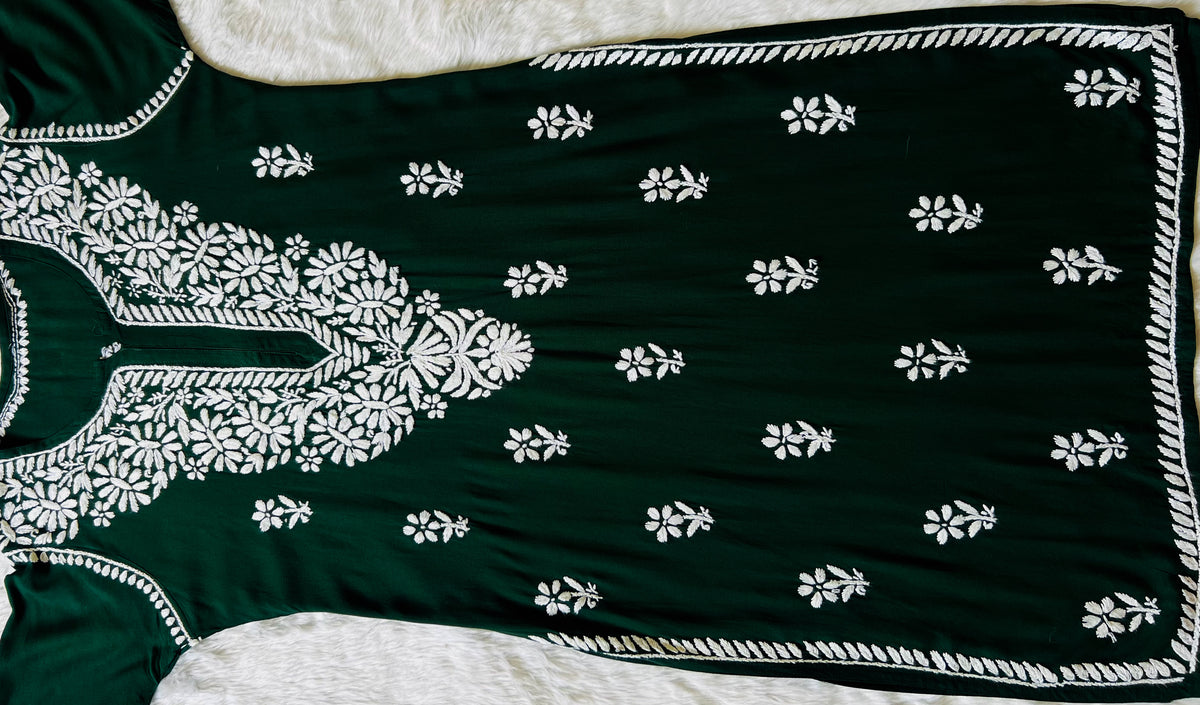 Zara Forest Green Long Rayon Kurta with White Chikankari