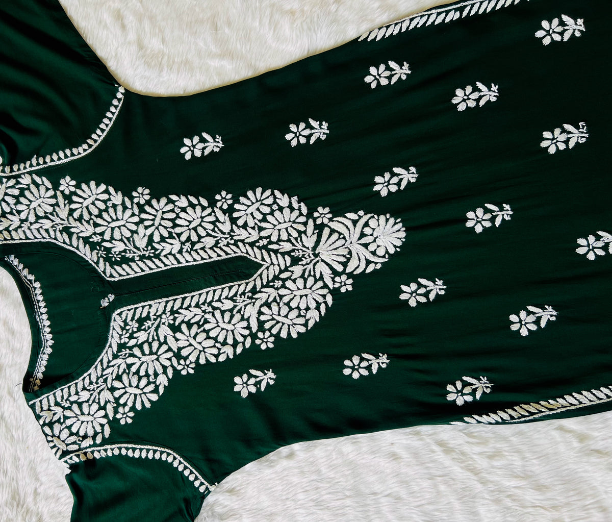 Zara Forest Green Long Rayon Kurta with White Chikankari