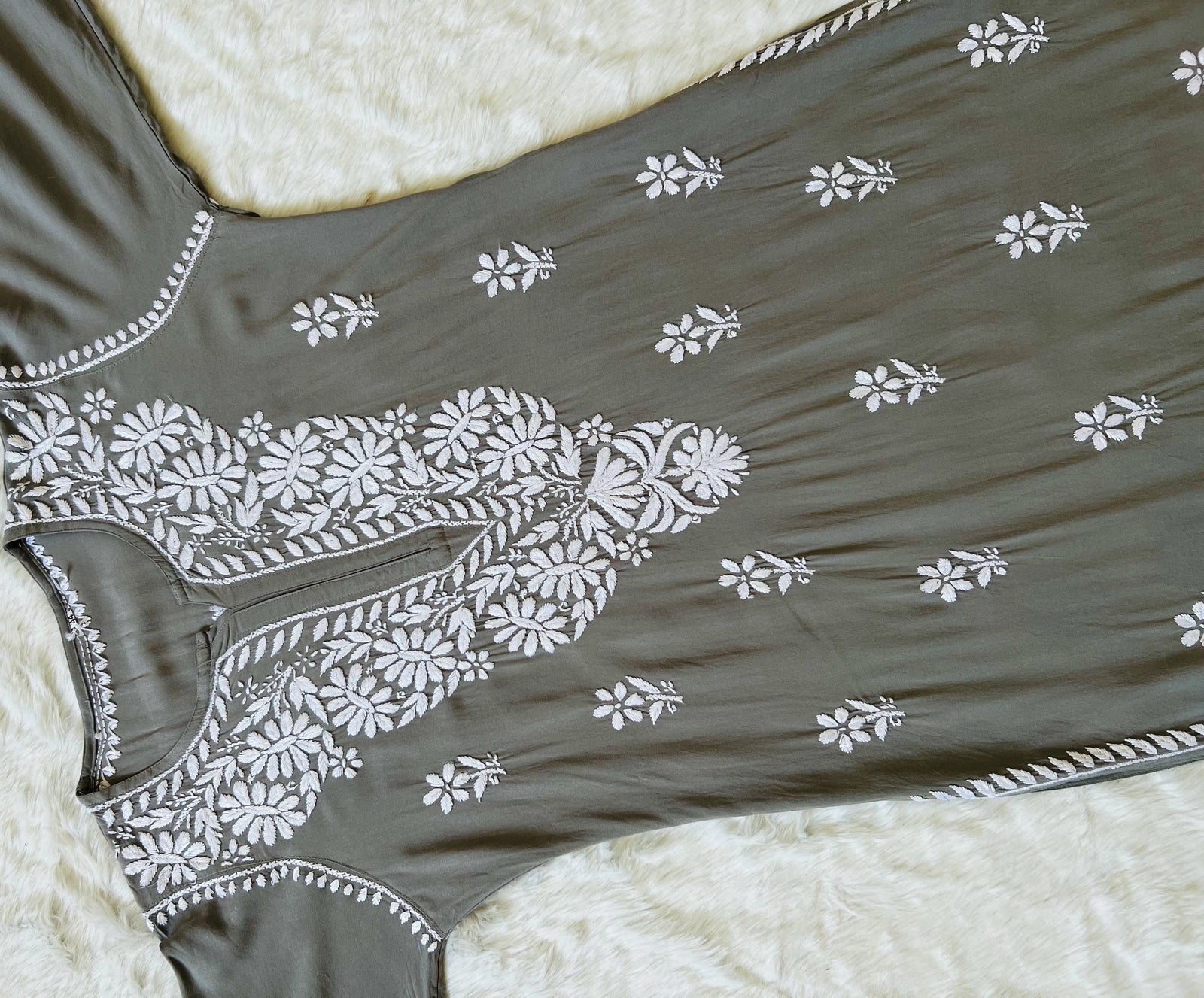 Zara Grey Long Rayon Kurta with White Chikankari