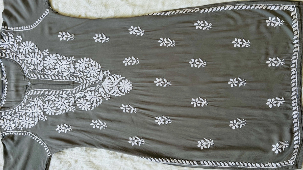 Zara Grey Long Rayon Kurta with White Chikankari