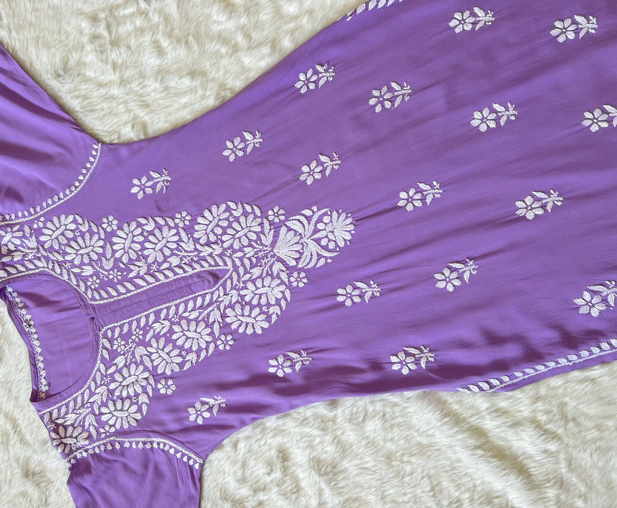 Zara Lavender Long Rayon Kurta with White Chikankari