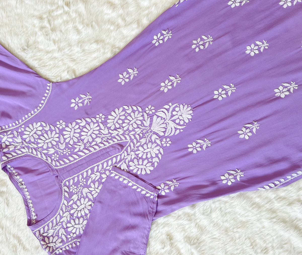 Zara Lavender Long Rayon Kurta with White Chikankari