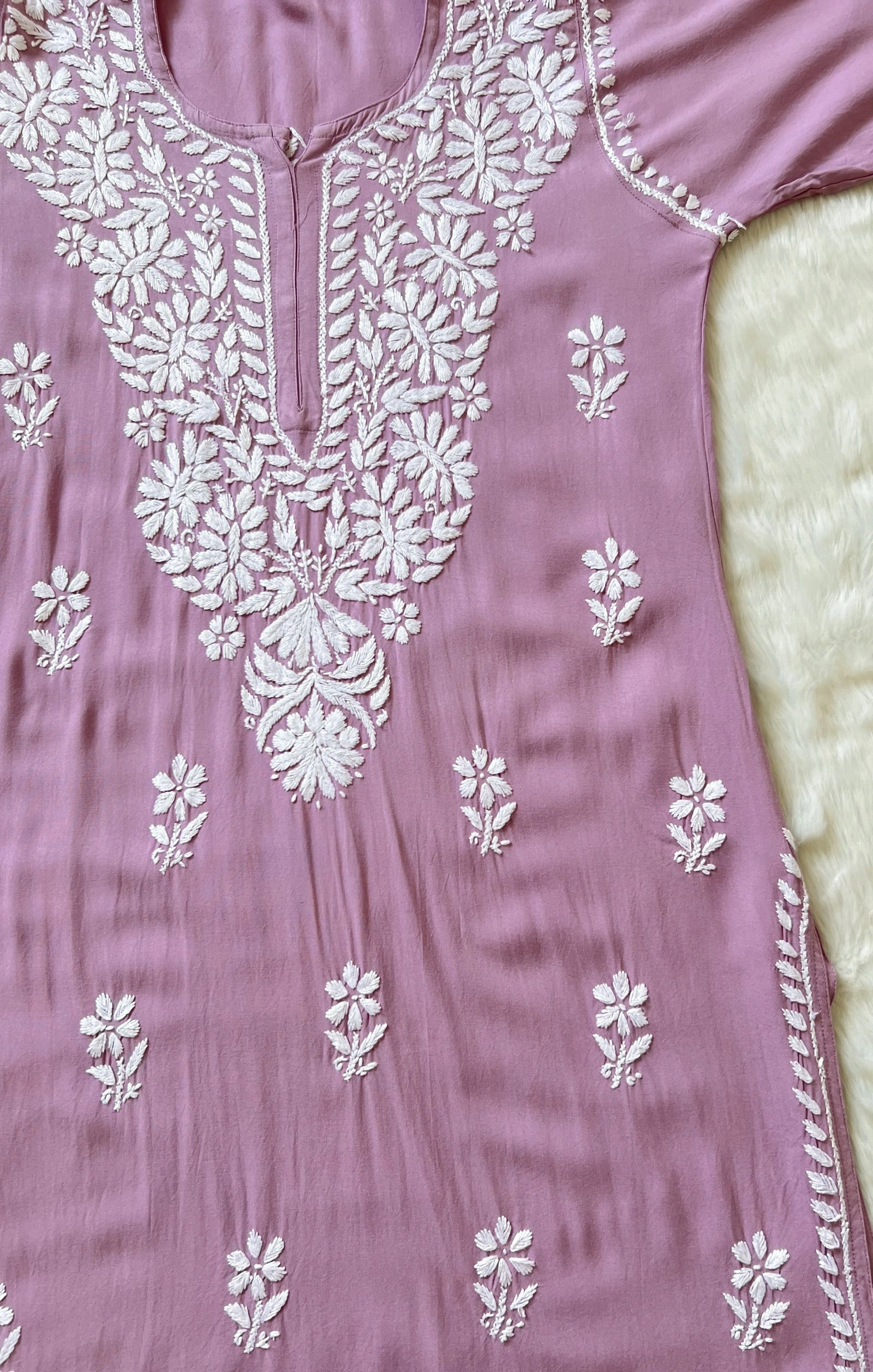 Zara Lilac Long Rayon Kurta with White Chikankari