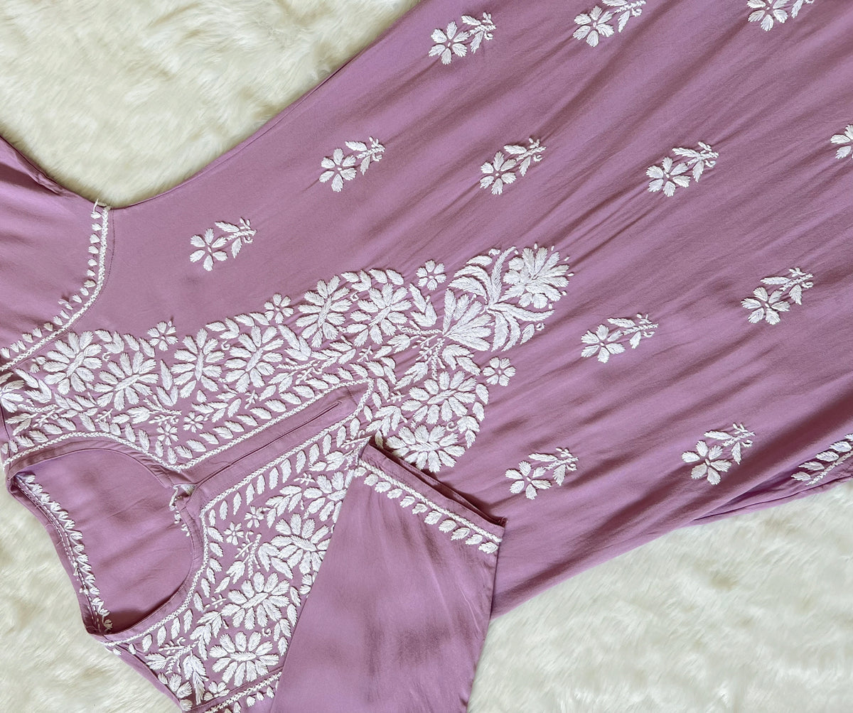 Zara Lilac Long Rayon Kurta with White Chikankari