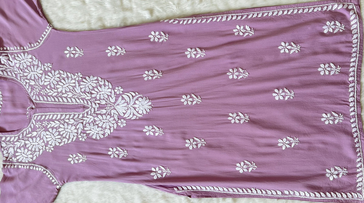 Zara Lilac Long Rayon Kurta with White Chikankari
