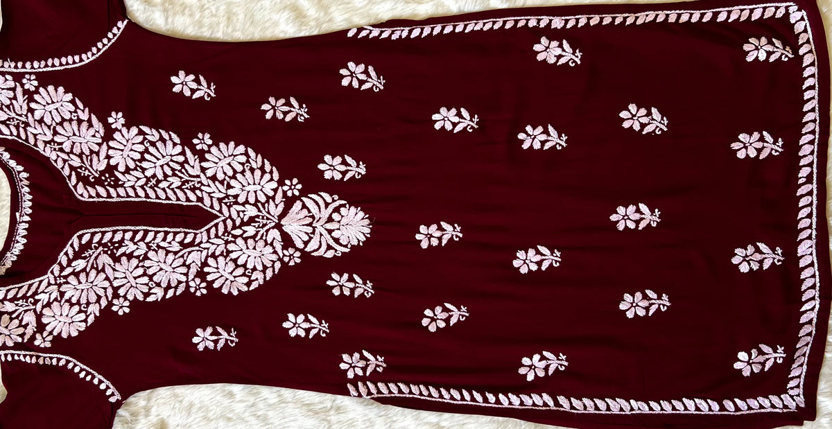 Zara Maroon Long Rayon Kurta with White Chikankari