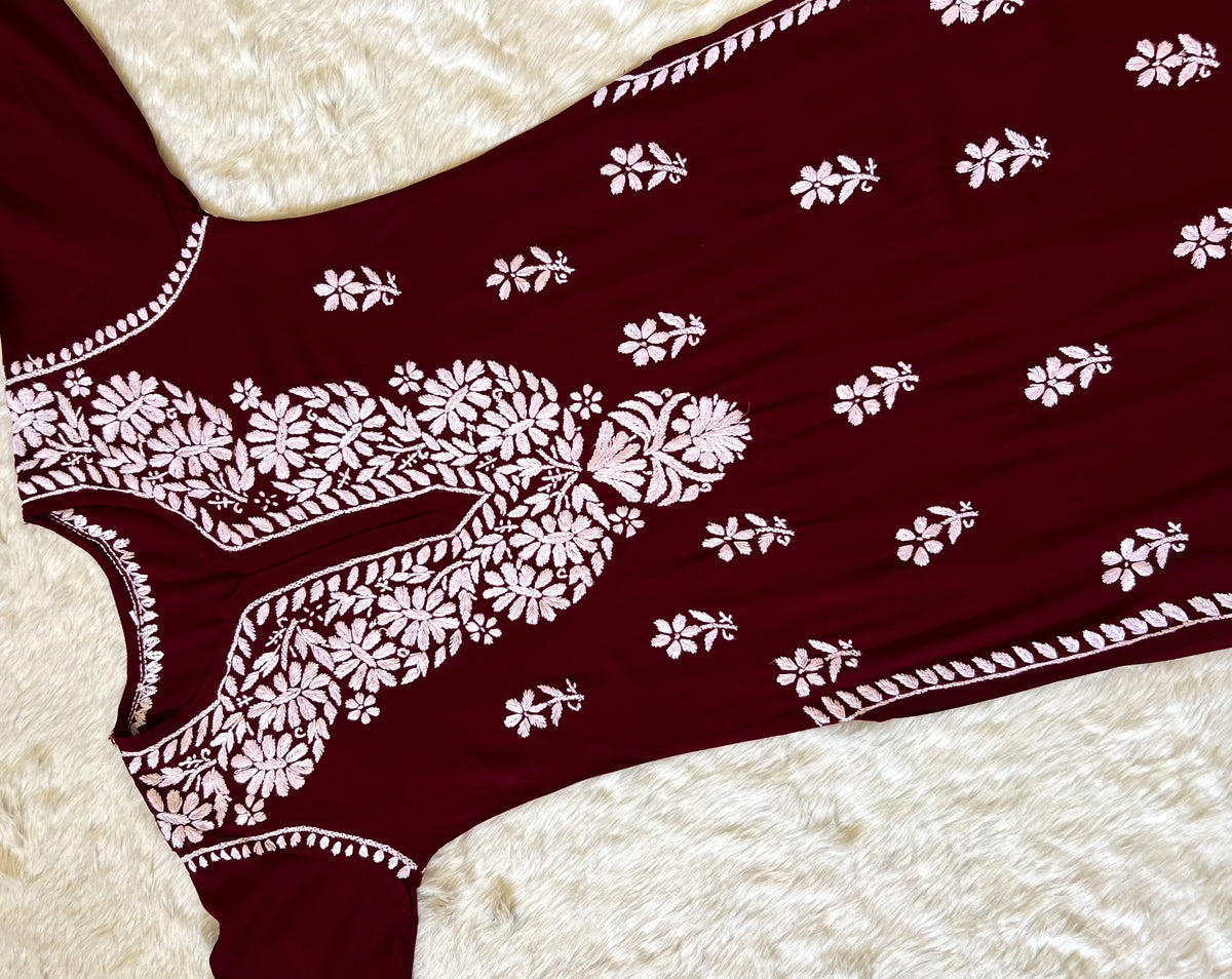 Zara Maroon Long Rayon Kurta with White Chikankari