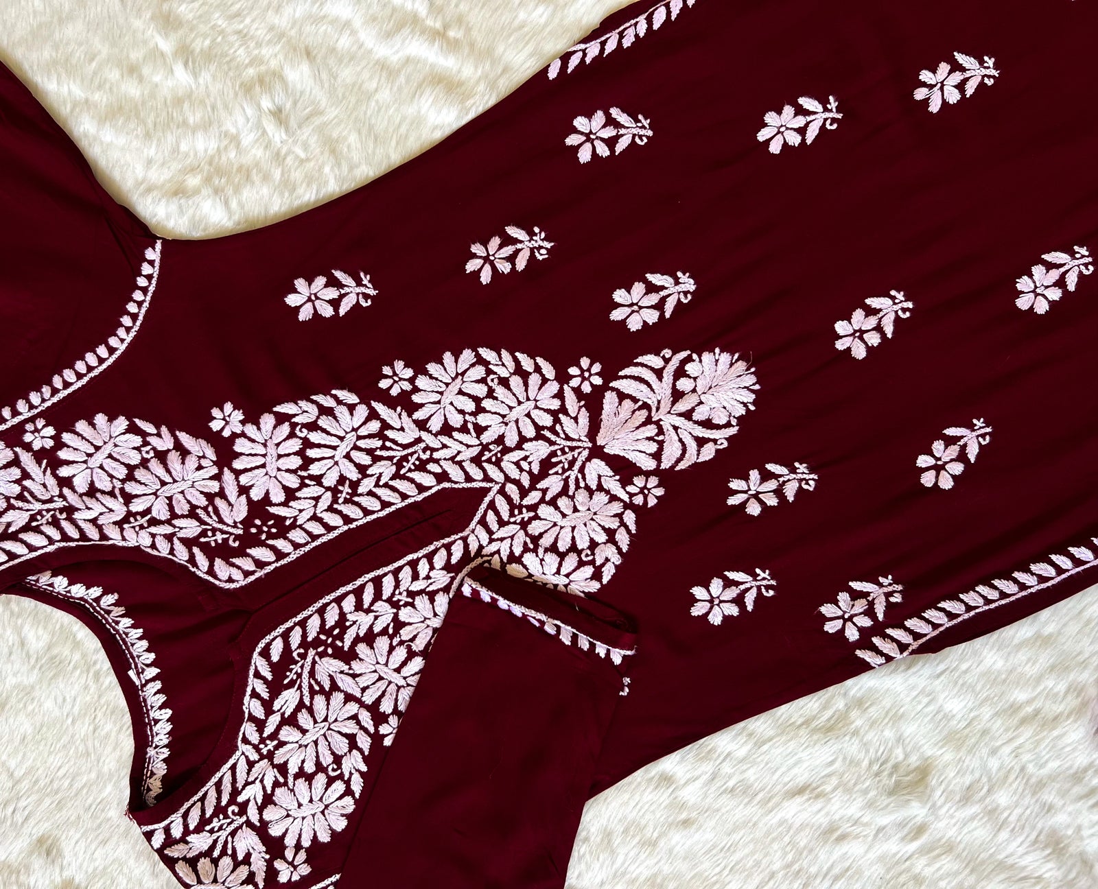 Zara Maroon Long Rayon Kurta with White Chikankari
