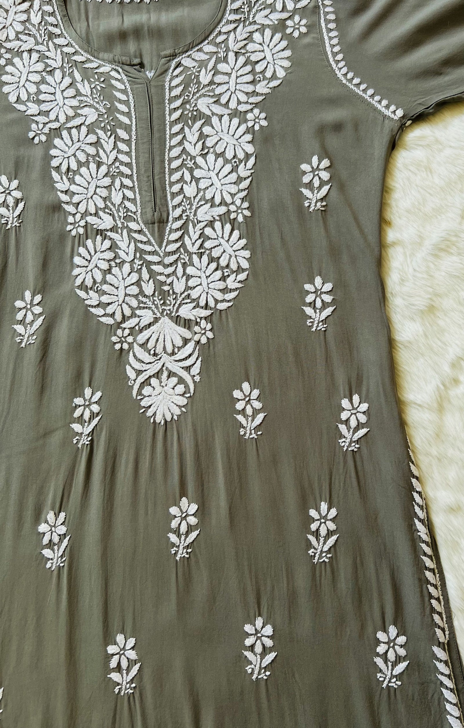 Zara Moss Green Long Rayon Kurta with White Chikankari