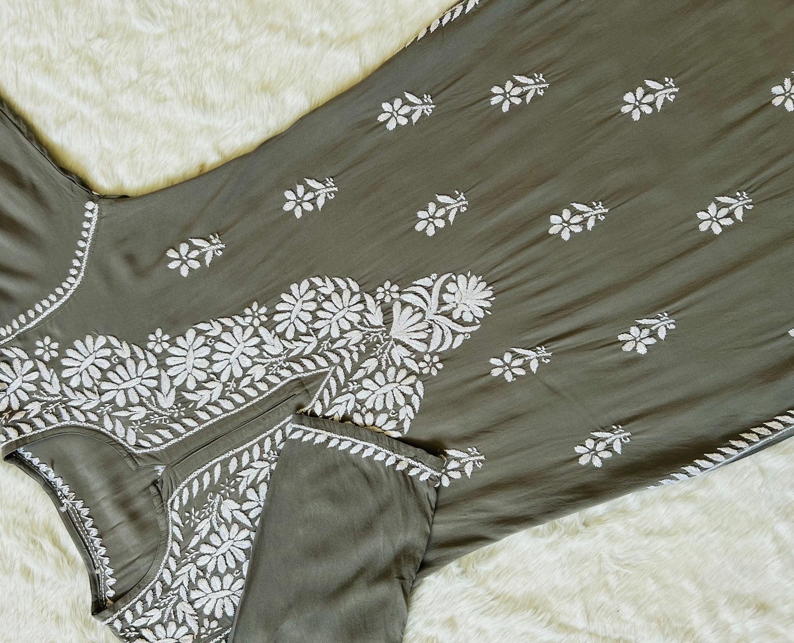 Zara Moss Green Long Rayon Kurta with White Chikankari