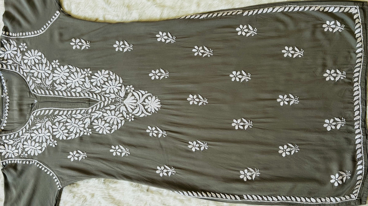 Zara Moss Green Long Rayon Kurta with White Chikankari