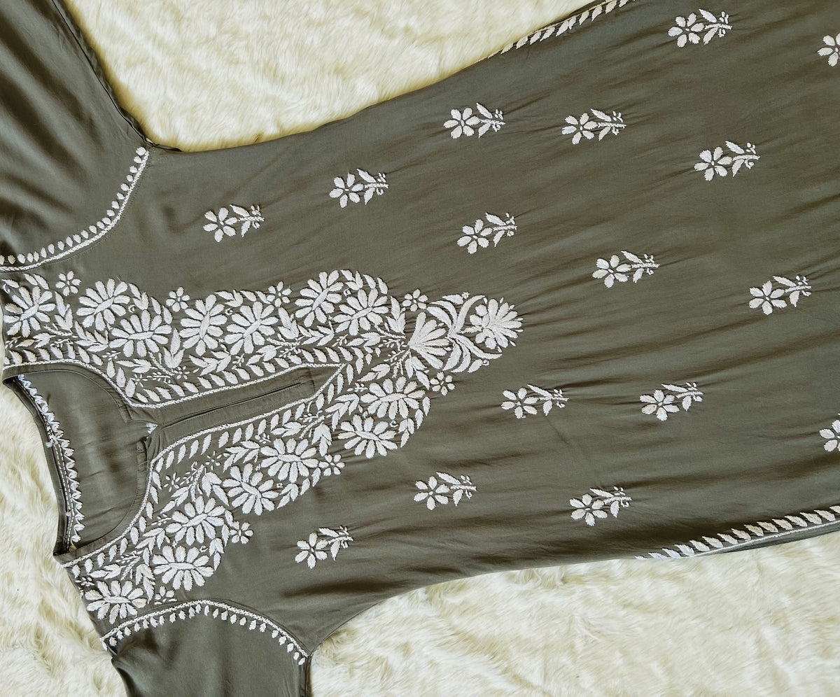 Zara Moss Green Long Rayon Kurta with White Chikankari