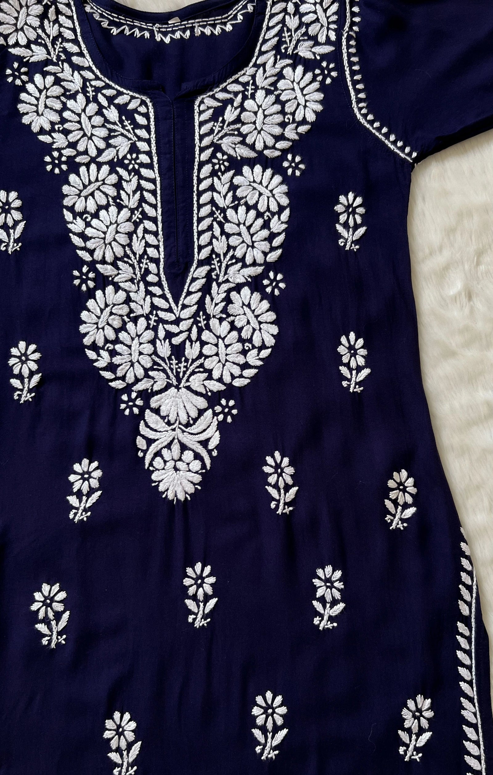 Zara Navy Blue Long Rayon Kurta with White Chikankari