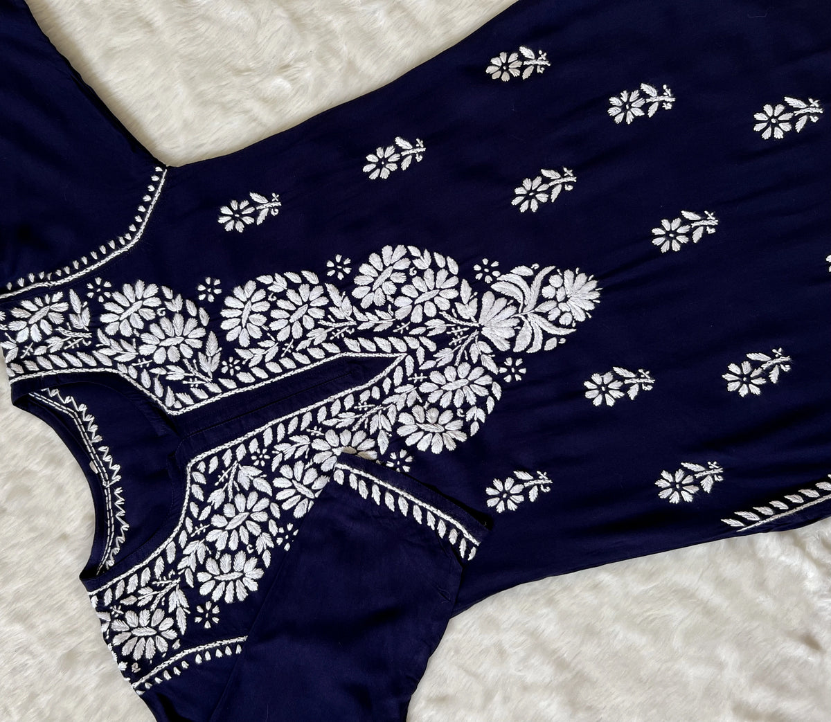 Zara Navy Blue Long Rayon Kurta with White Chikankari