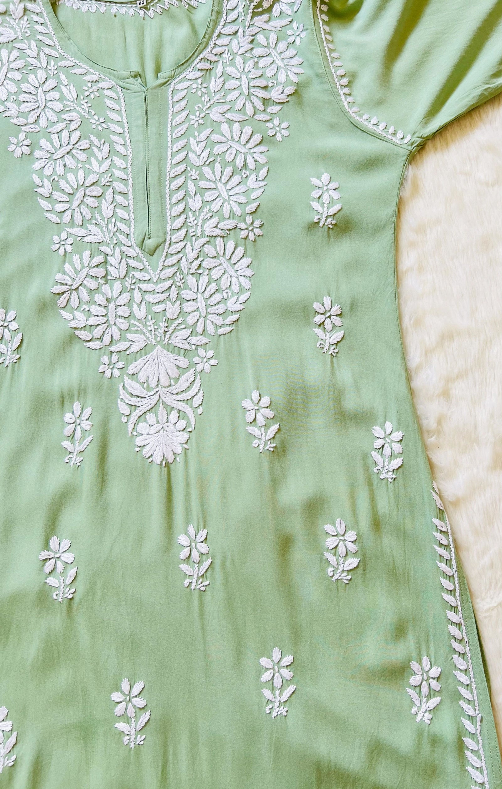Zara Pastel Green Long Rayon Kurta with White Chikankari