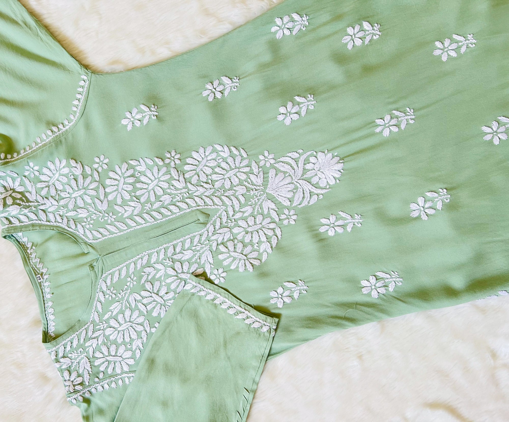 Zara Pastel Green Long Rayon Kurta with White Chikankari
