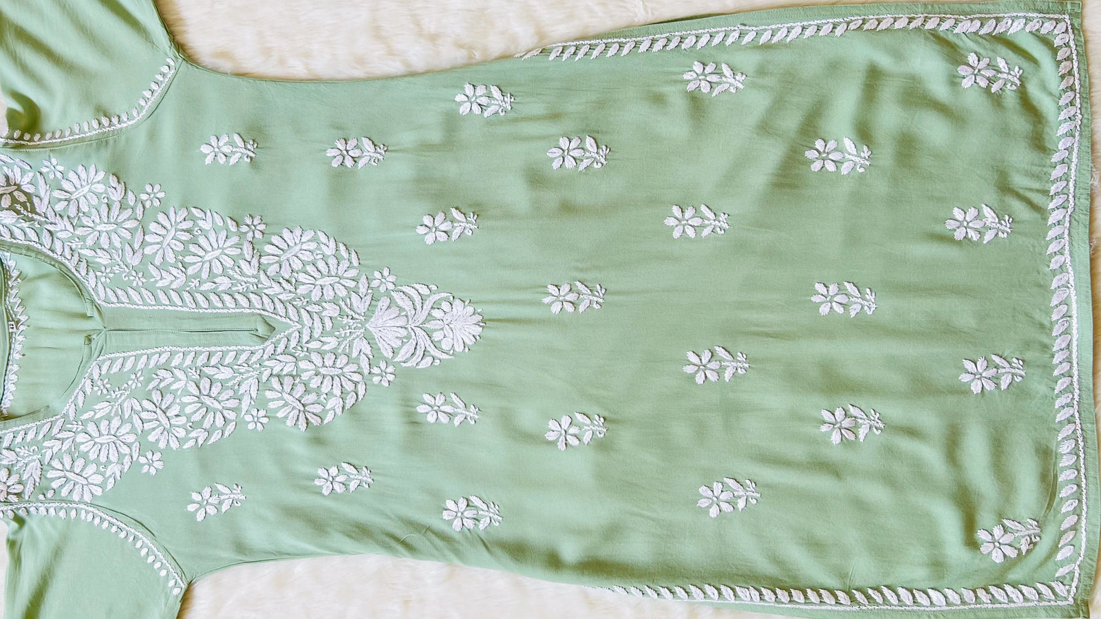 Zara Pastel Green Long Rayon Kurta with White Chikankari