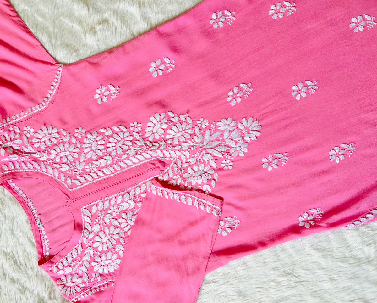 Zara Pink Long Rayon Kurta with White Chikankari