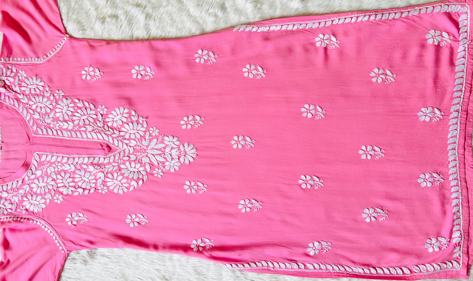Zara Pink Long Rayon Kurta with White Chikankari