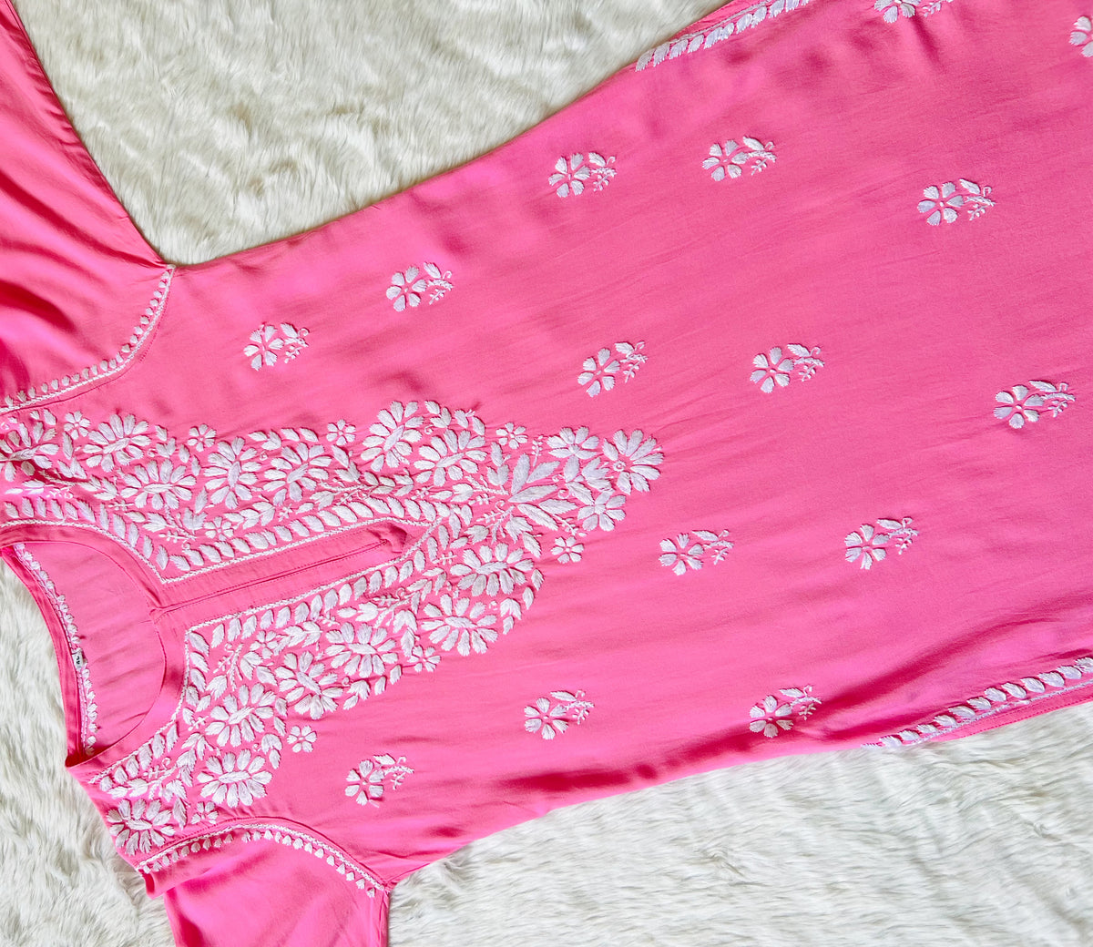 Zara Pink Long Rayon Kurta with White Chikankari