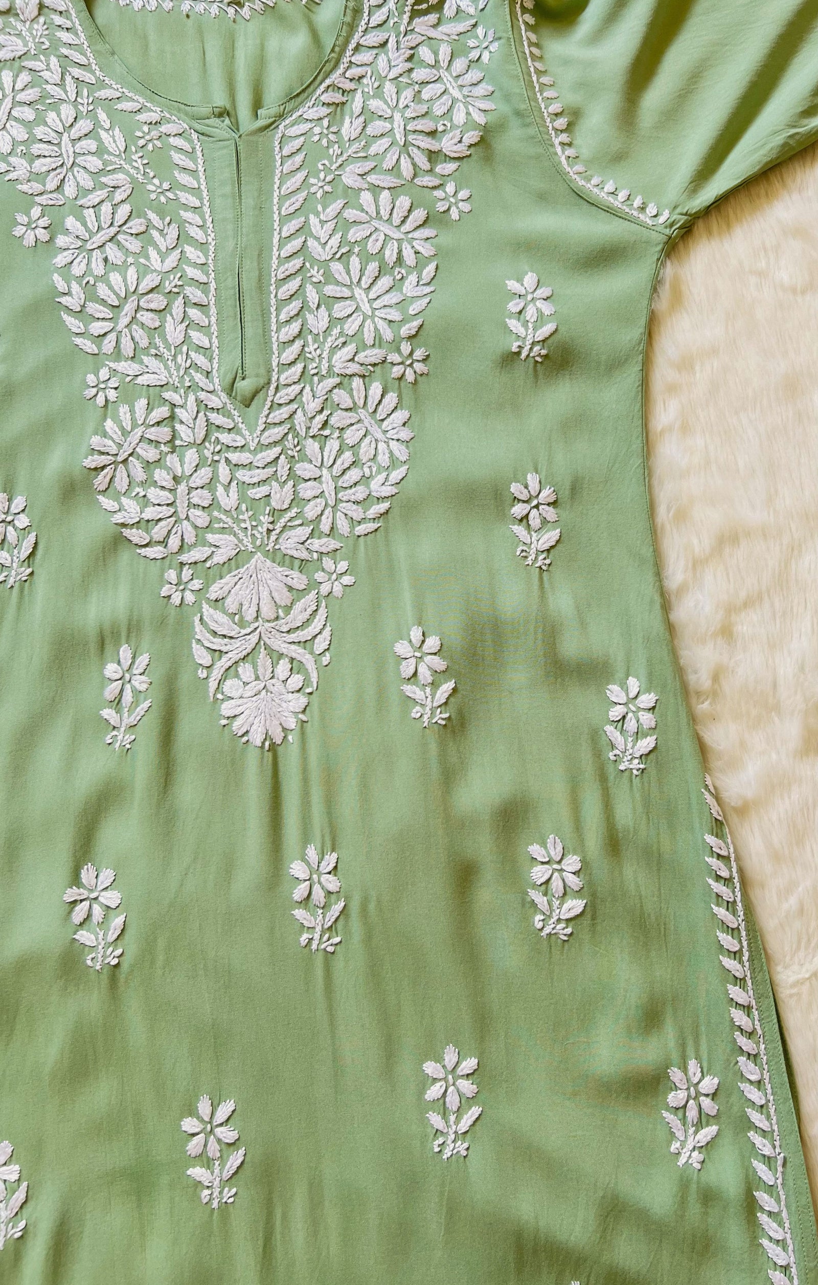 Zara Pista Green Long Rayon Kurta with White Chikankari