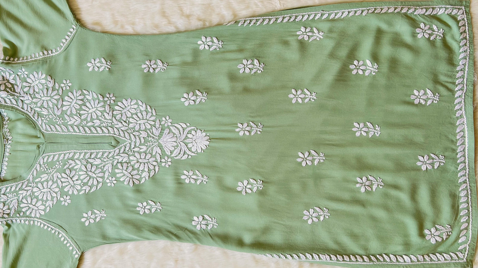 Zara Pista Green Long Rayon Kurta with White Chikankari