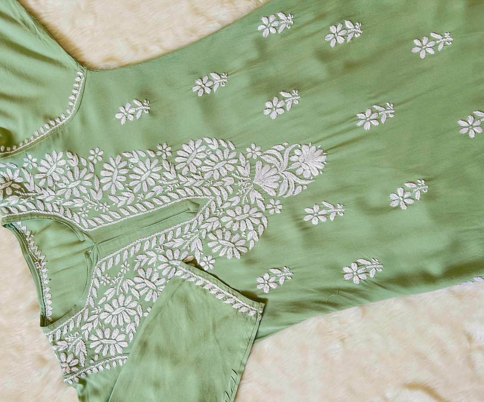 Zara Pista Green Long Rayon Kurta with White Chikankari