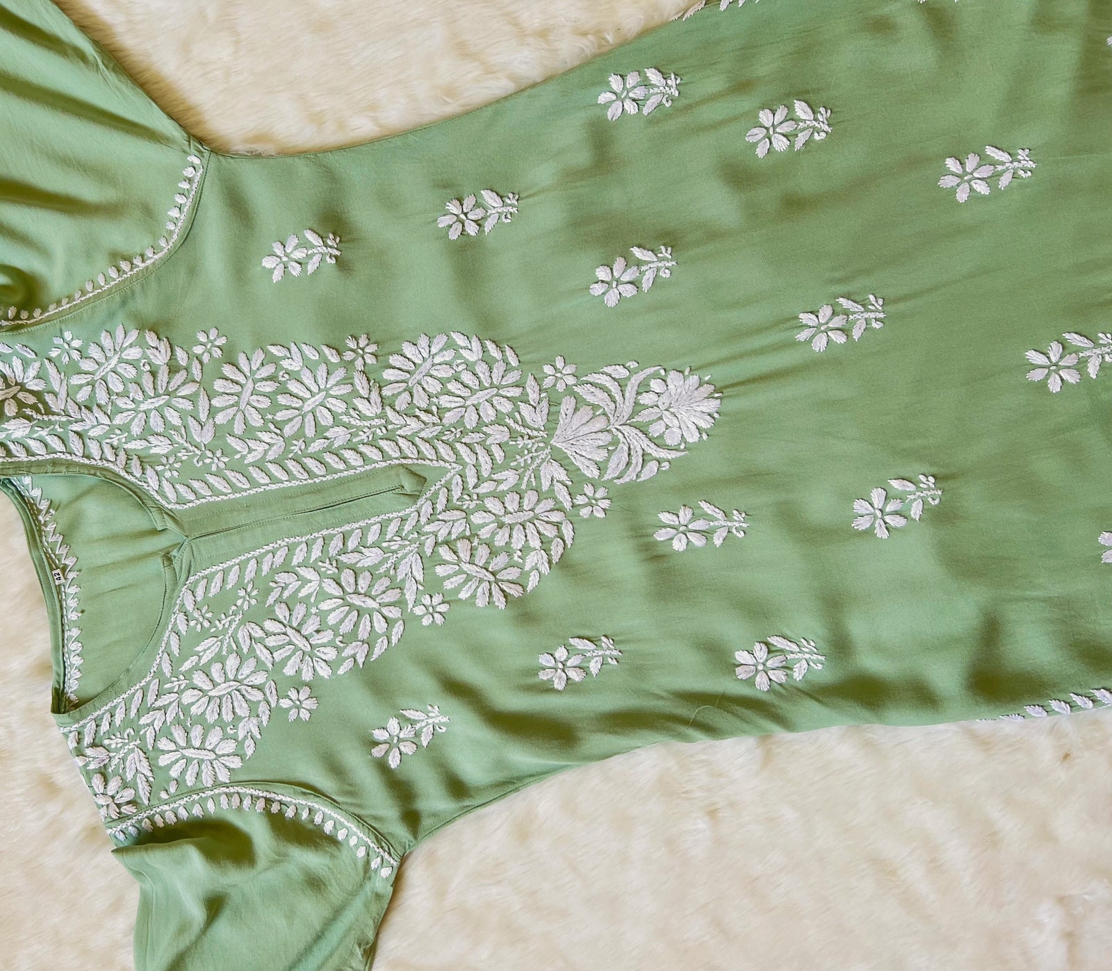 Zara Pista Green Long Rayon Kurta with White Chikankari