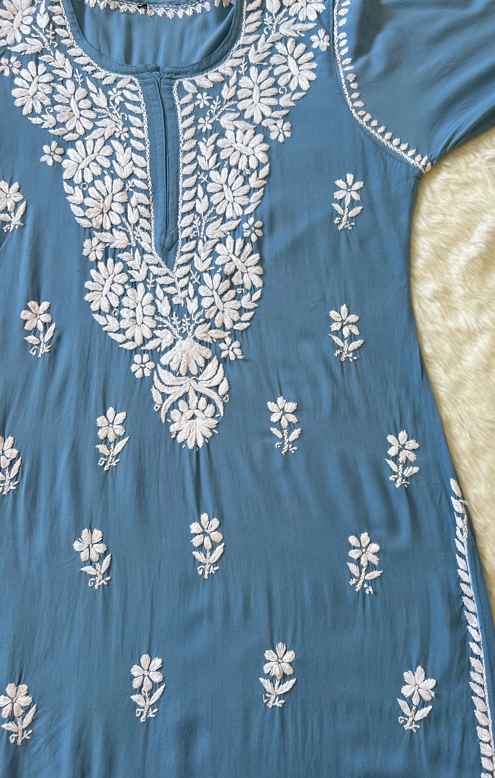 Zara Powder Blue Long Rayon Kurta with White Chikankari