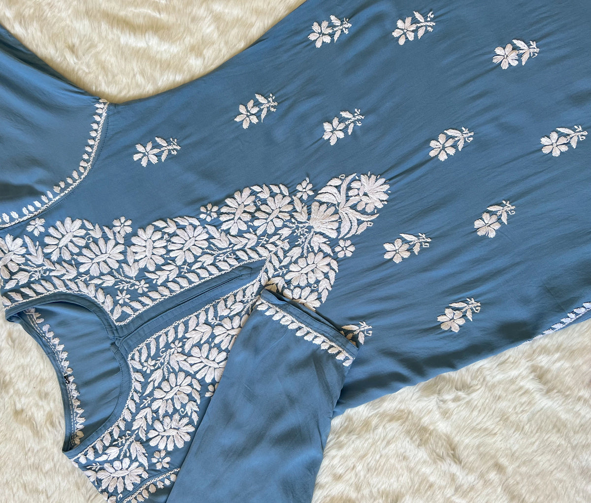 Zara Powder Blue Long Rayon Kurta with White Chikankari