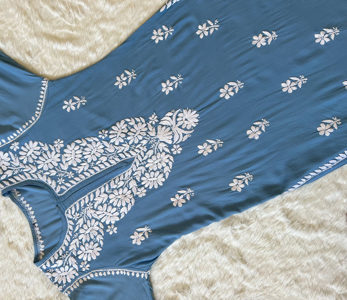 Zara Powder Blue Long Rayon Kurta with White Chikankari