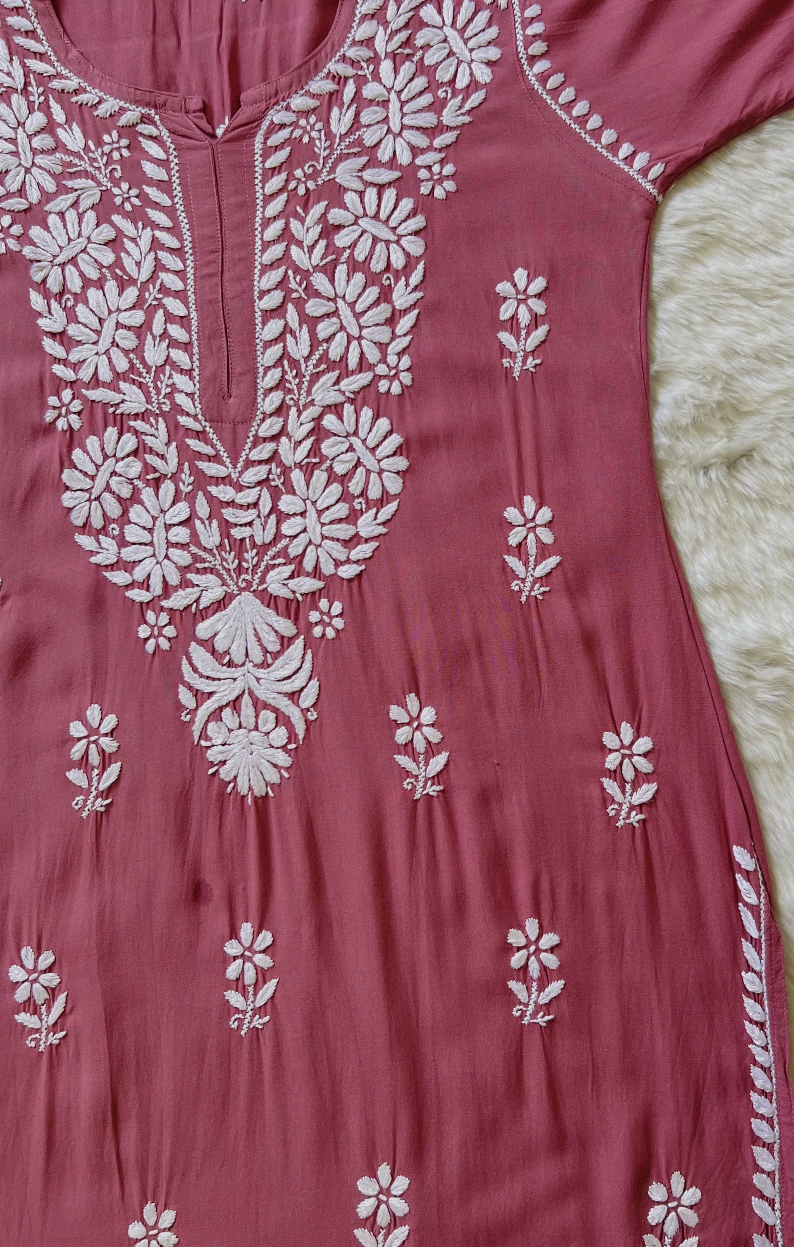 Zara Rose Pink Long Rayon Kurta with White Chikankari