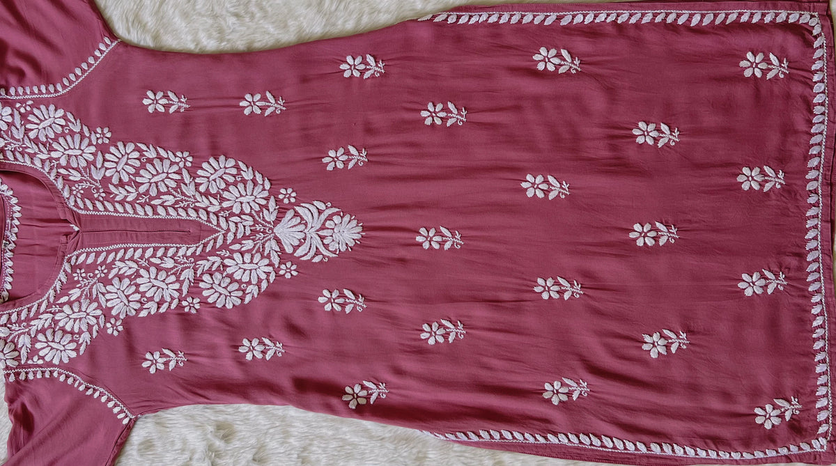 Zara Rose Pink Long Rayon Kurta with White Chikankari