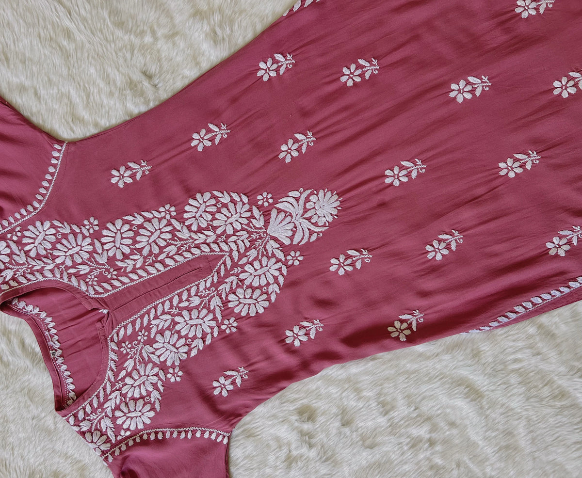 Zara Rose Pink Long Rayon Kurta with White Chikankari