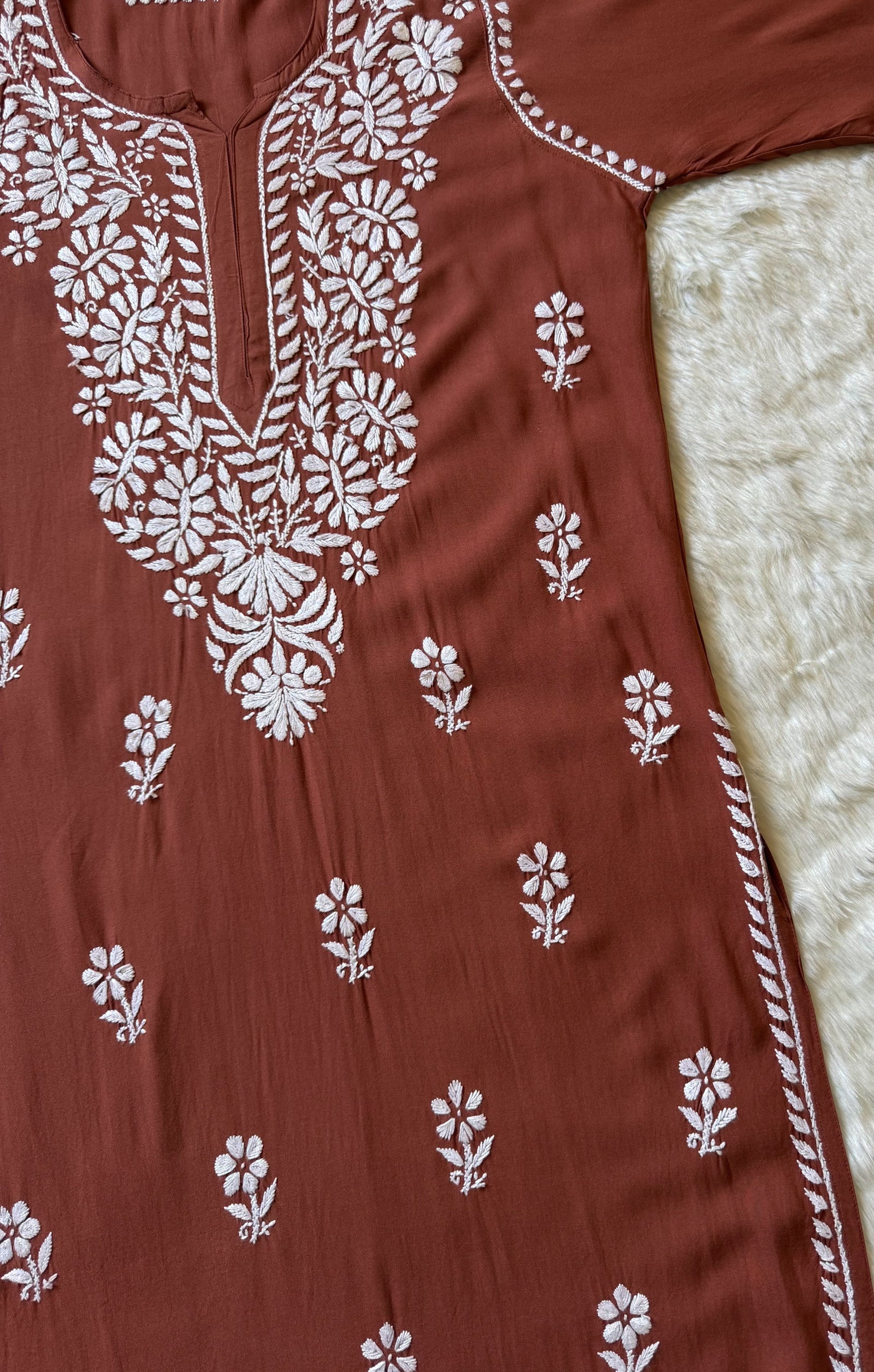Zara Rust Long Rayon Kurta with White Chikankari