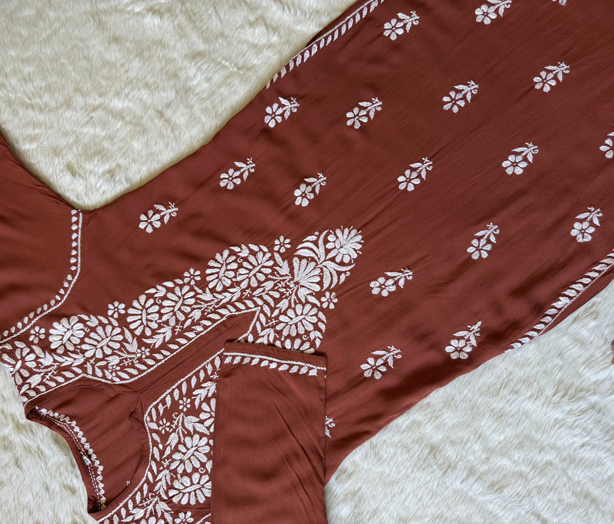 Zara Rust Long Rayon Kurta with White Chikankari
