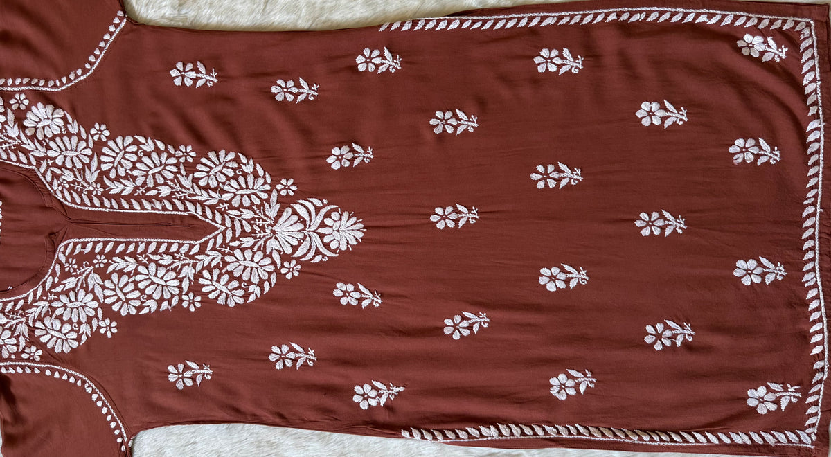 Zara Rust Long Rayon Kurta with White Chikankari