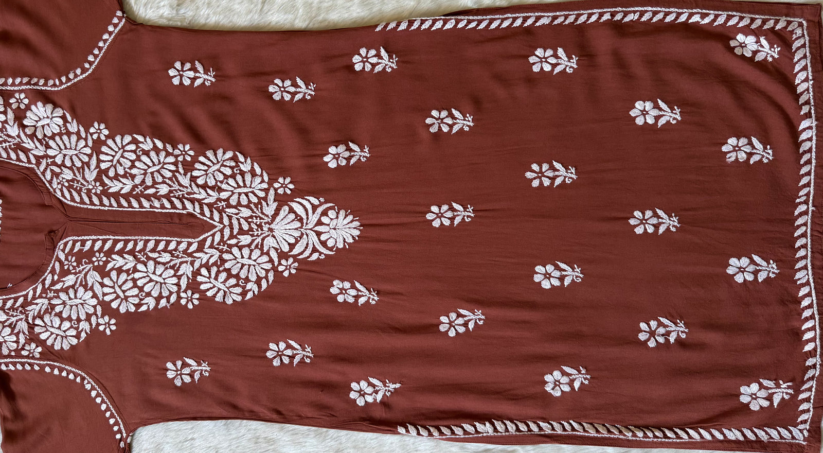 Zara Rust Long Rayon Kurta with White Chikankari