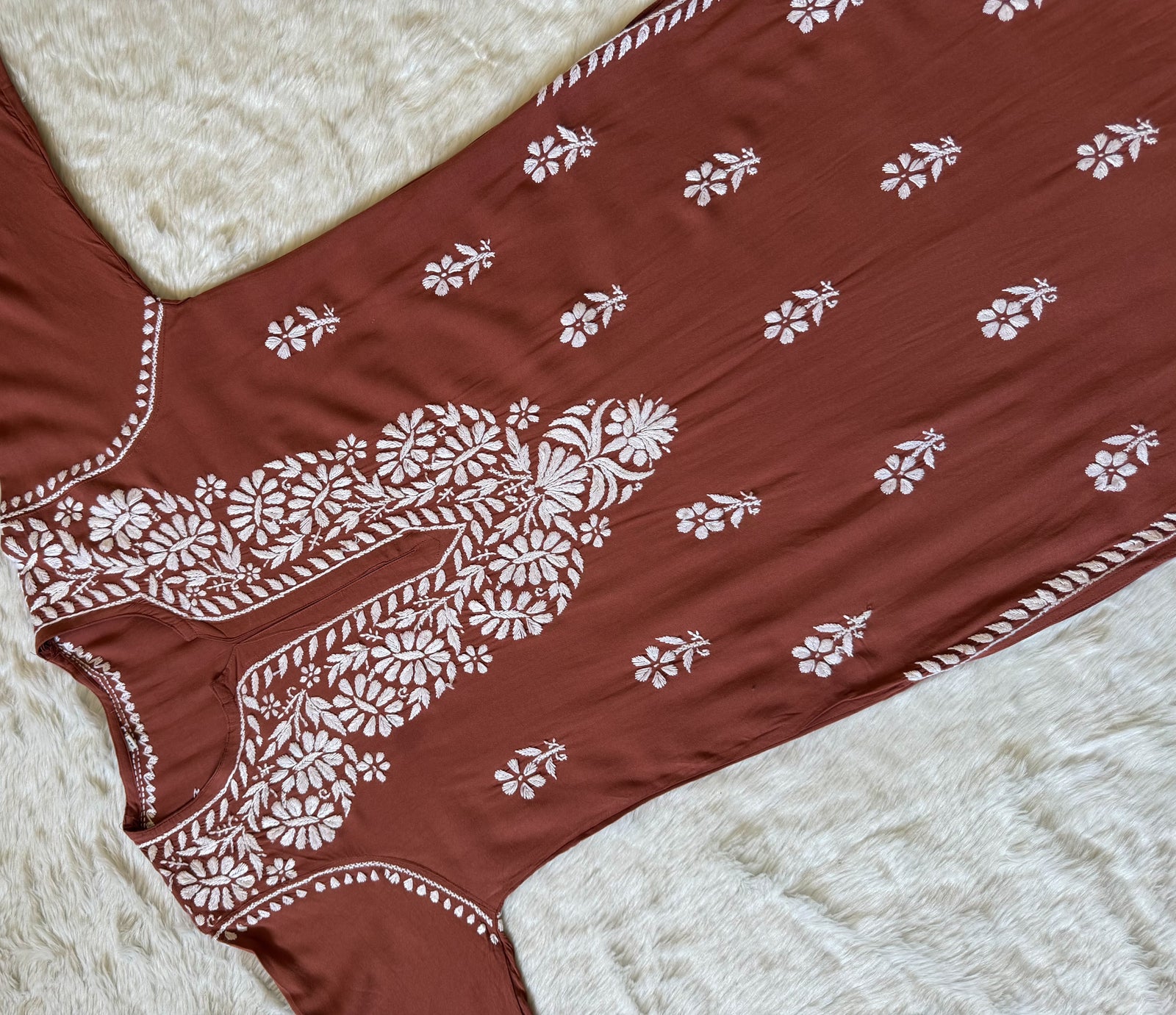 Zara Rust Long Rayon Kurta with White Chikankari