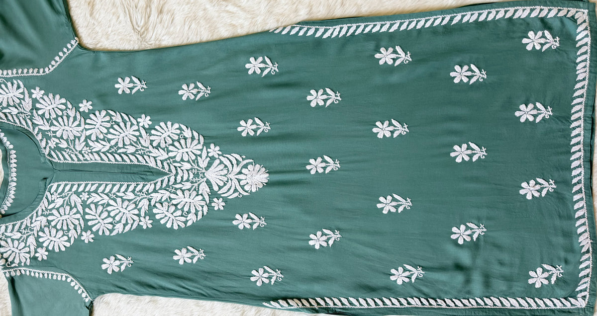 Zara Sage Green Long Rayon Kurta with White Chikankari