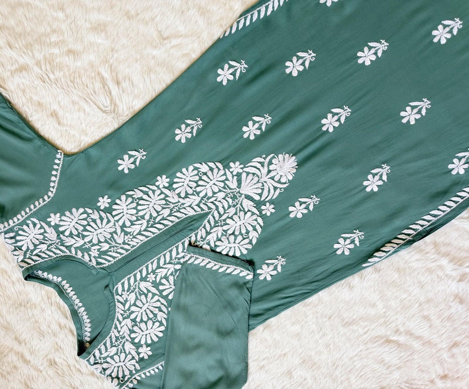 Zara Sage Green Long Rayon Kurta with White Chikankari