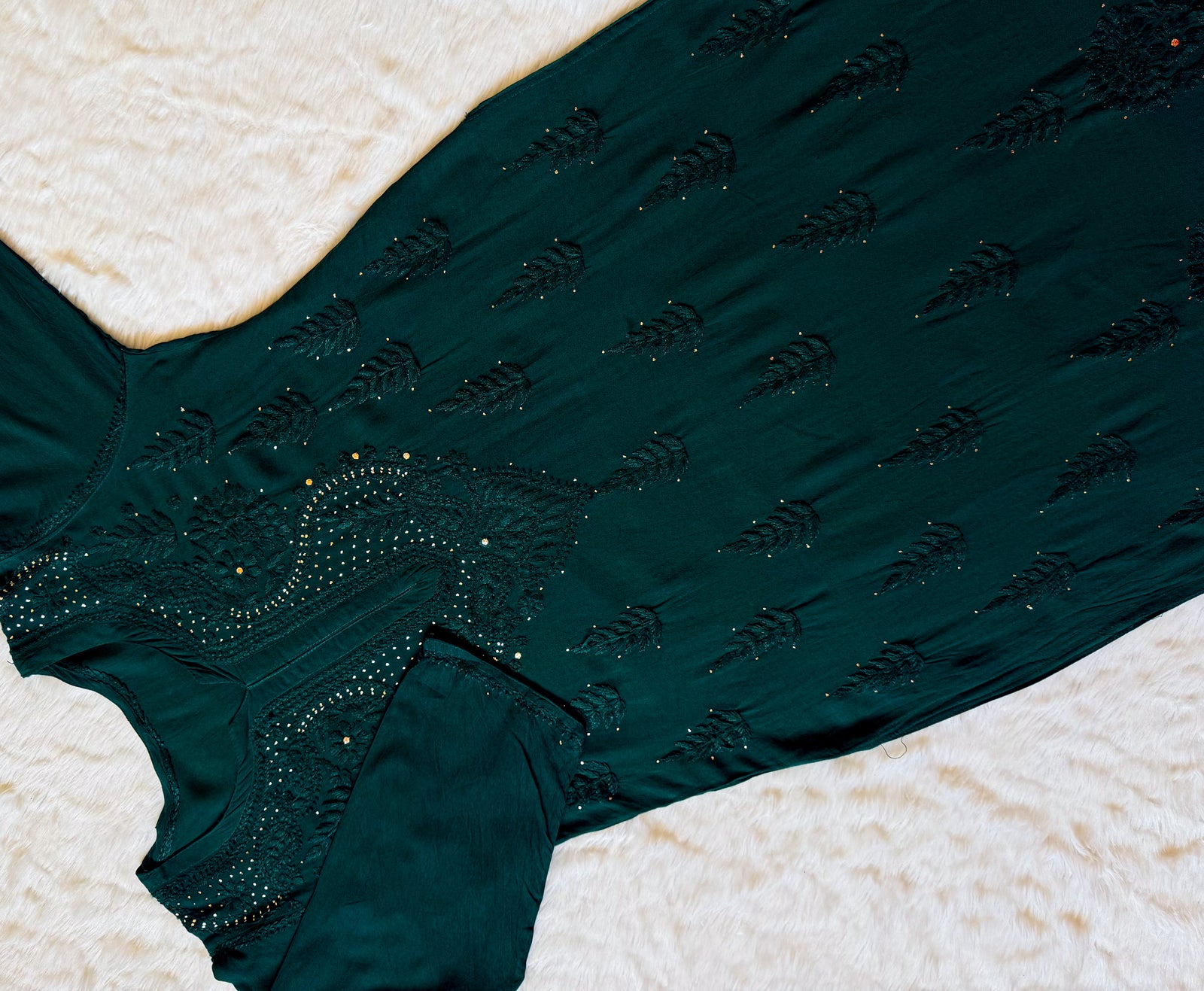 Ziya Forest Green Chikankari Rayon Mukesh Kurta Bottom Set