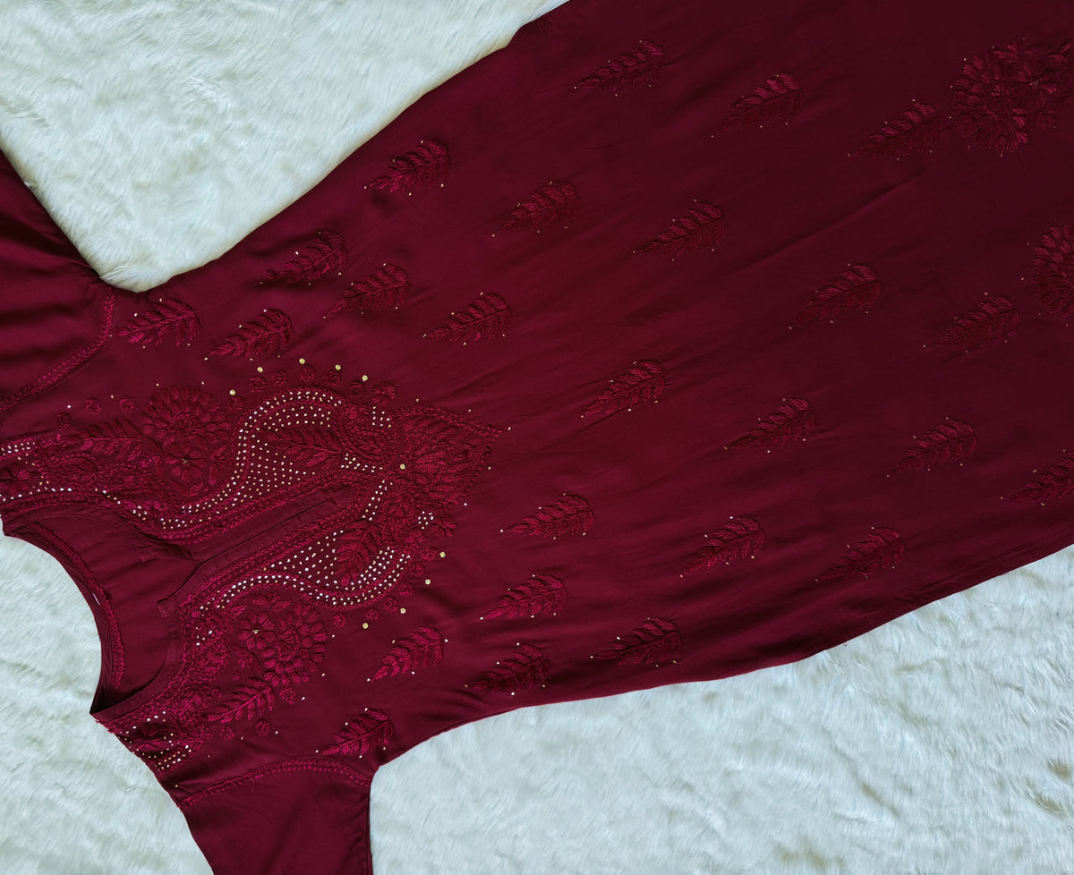 Ziya Maroon Chikankari Rayon Mukesh Kurta Bottom Set
