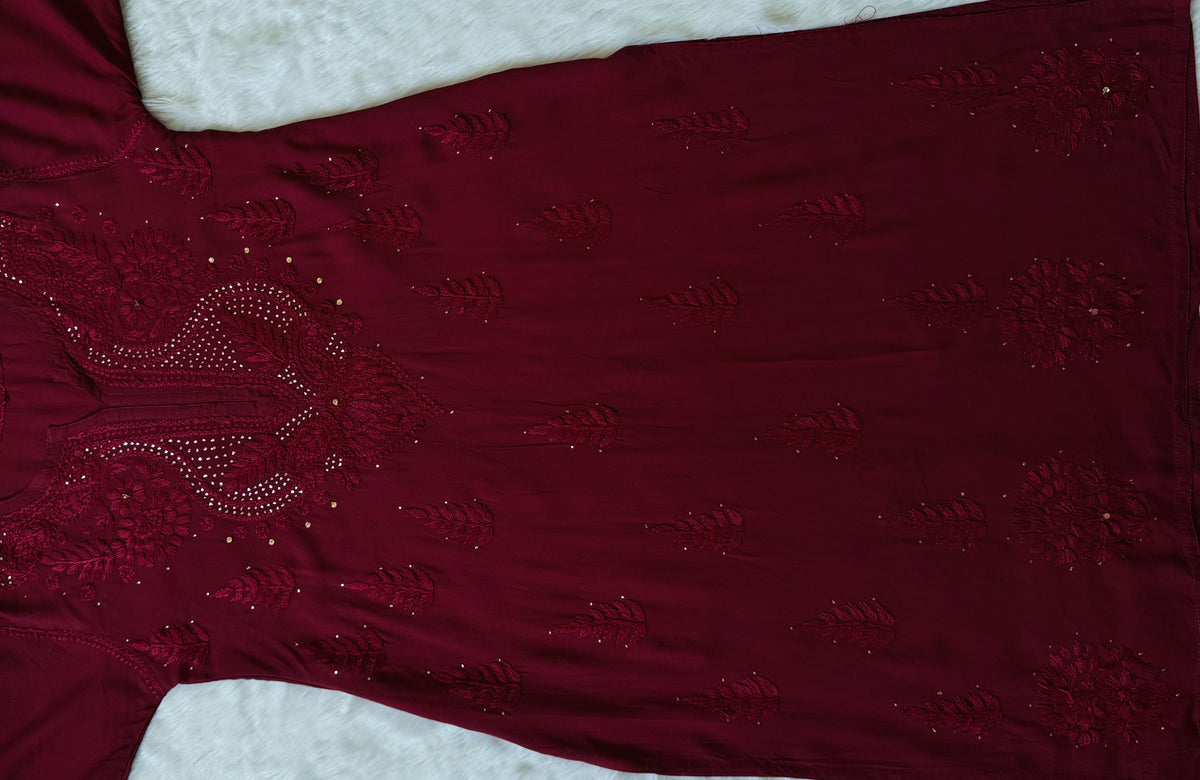 Ziya Maroon Chikankari Rayon Mukesh Kurta Bottom Set