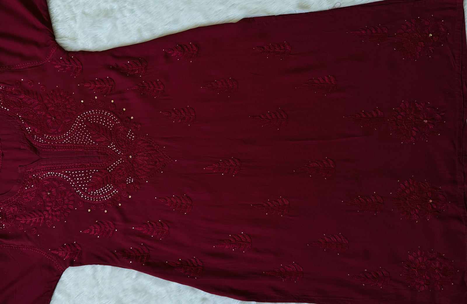 Ziya Maroon Chikankari Rayon Mukesh Kurta Bottom Set