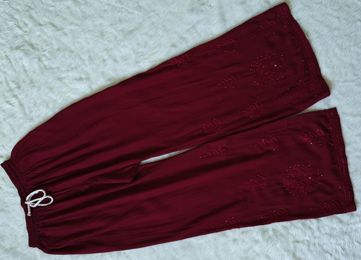 Ziya Maroon Chikankari Rayon Mukesh Kurta Bottom Set